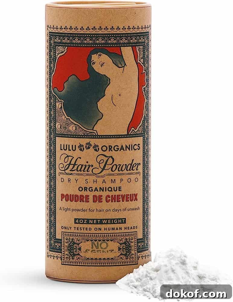 A bottle of Lulu Organics dry shampoo powder.
