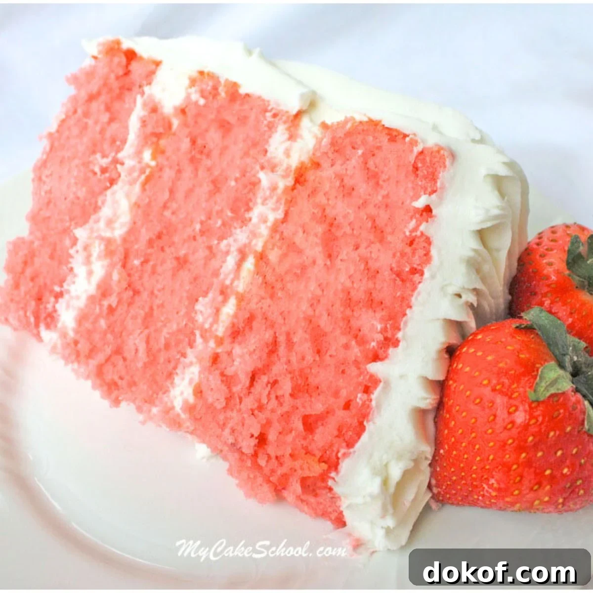 Slice of three layer strawberry cake from cake mix on a plate, next to two fresh strawberries.