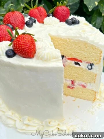Moist Berry Chantilly Cake, sliced, on a cake pedestal.