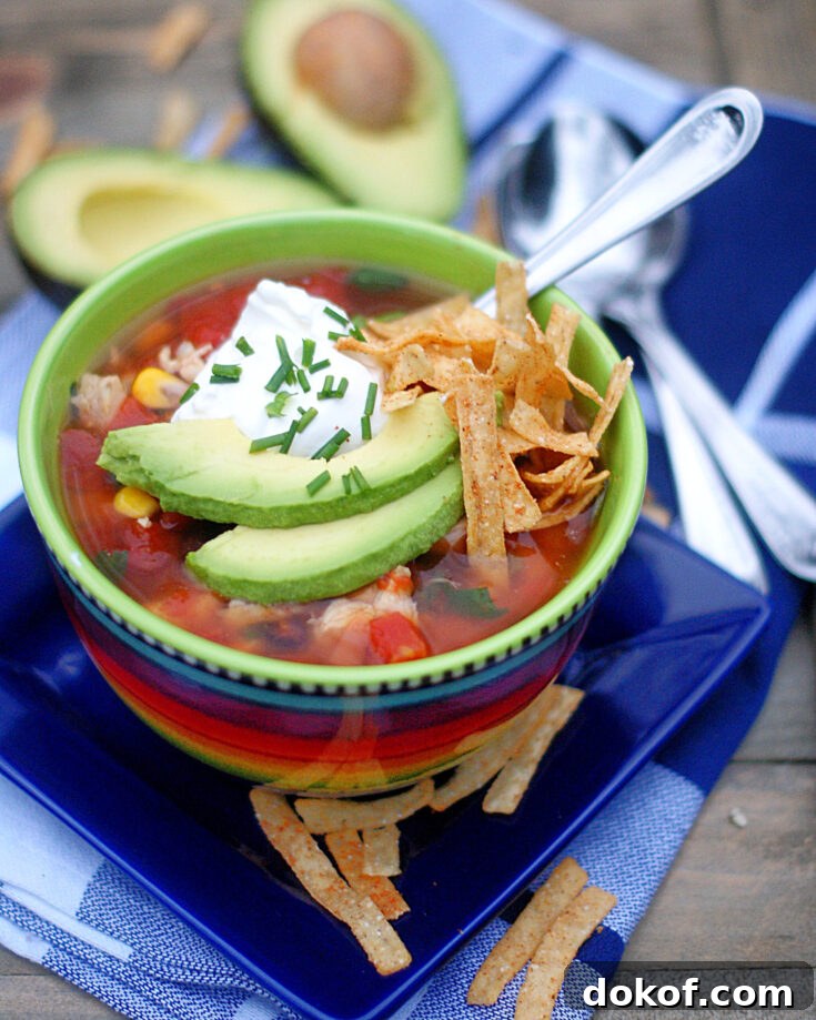 Easy Chicken Tortilla Soup with Black Beans and Corn.