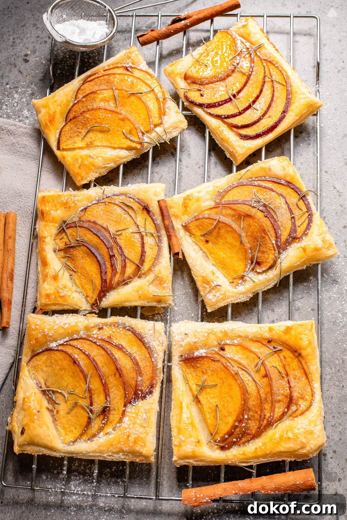 Flaky Peach Puff Pastry Tart Recipe for Summer Dessert 2 An overhead image of peach puff pastry over a wire rack.
