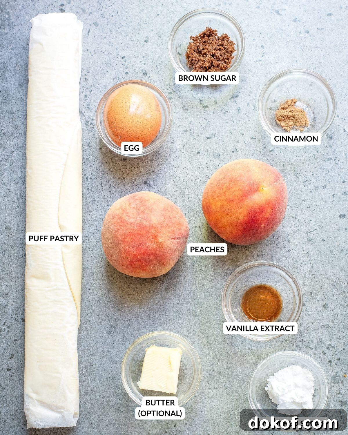 Flaky Peach Puff Pastry Tart Recipe for Summer Dessert 4 An overhead image of the ingredients of peach puff pastry.