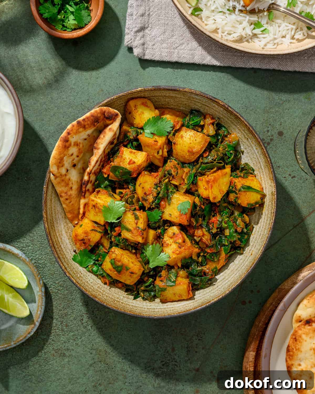 bowl of saag aloo with naan and lime wedges on a table.