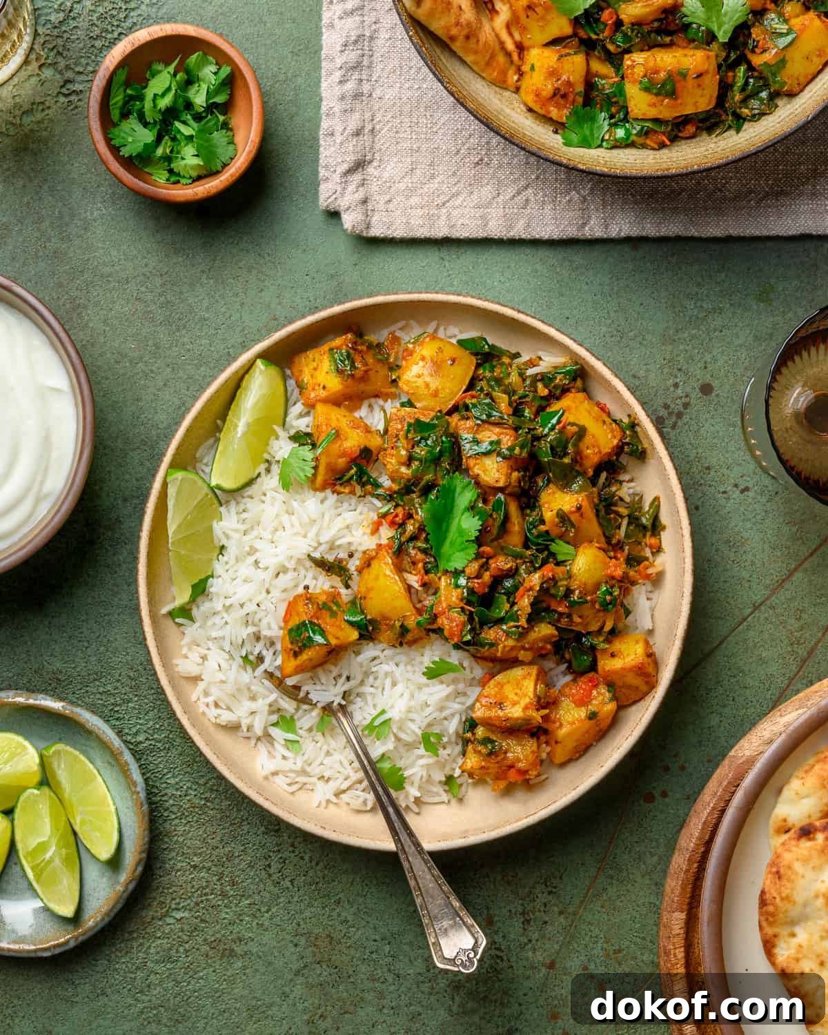 bowl of saag aloo with rice and lime wedges on a table.