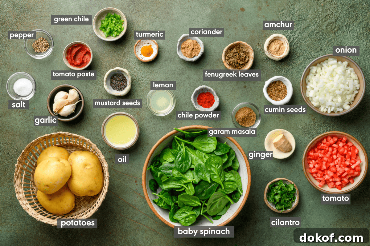 ingredients for Indian dish saag aloo laid out in bowls and labeled.