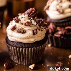 Chocolate Bourbon Pecan Pie Cupcakes with Butter Pecan Frosting by Half Baked Harvest.