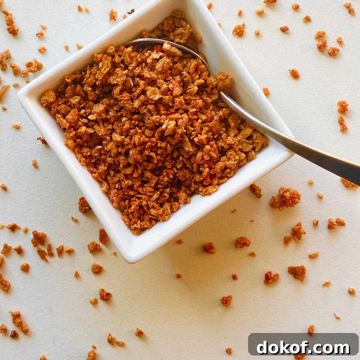 vegan bacon bits in white dish with spoon