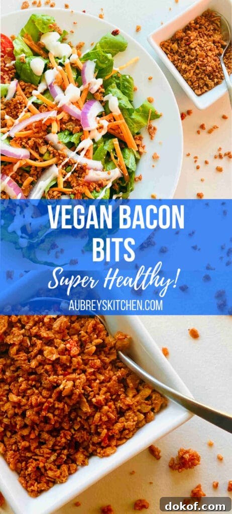 vegan bacon bits in white dish next to salad with ranch dressing and bacon bits