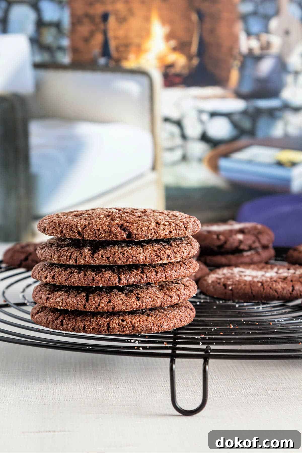 A stack of crisp cocoa cookies on a black cooling rack with a fireplace and chair in the background.