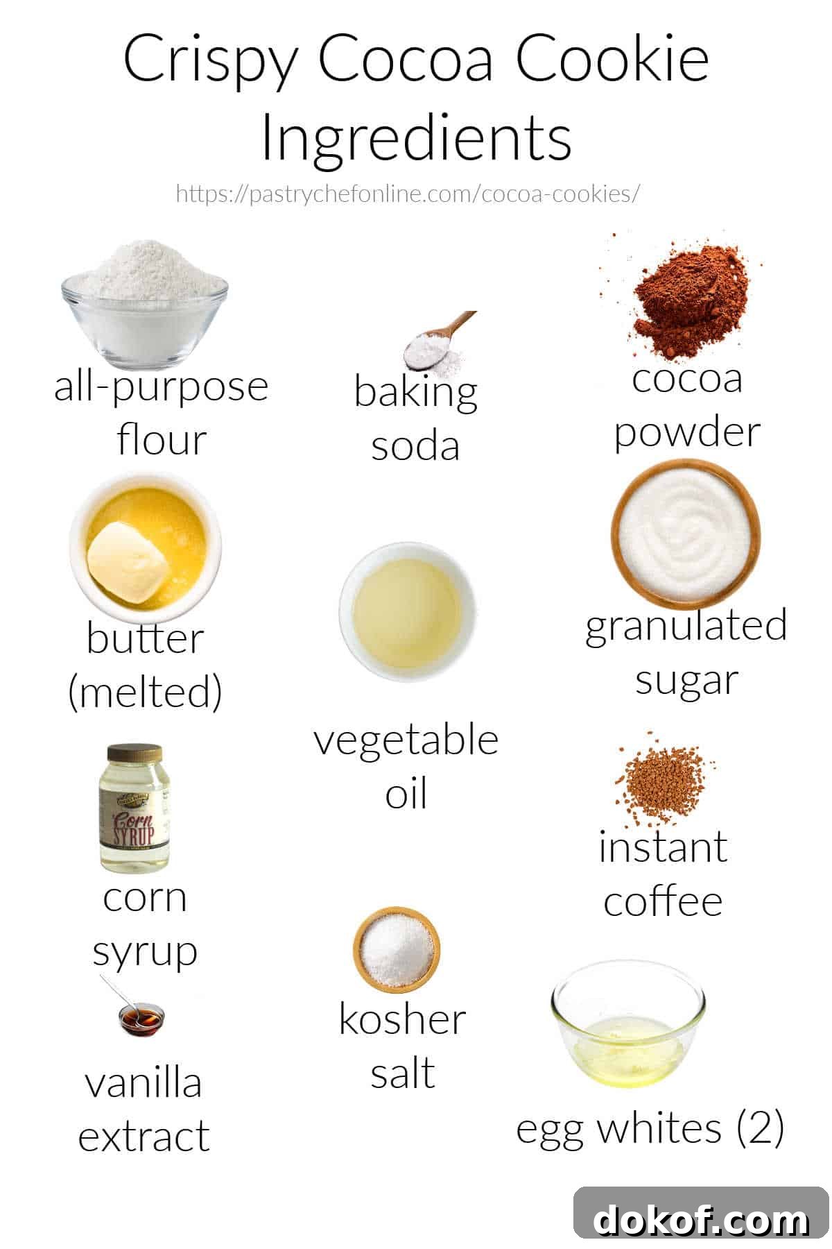 A collage of ingredient images for making crisp cocoa cookies against a white background. Each ingredient is labeled in black text underneath the images.