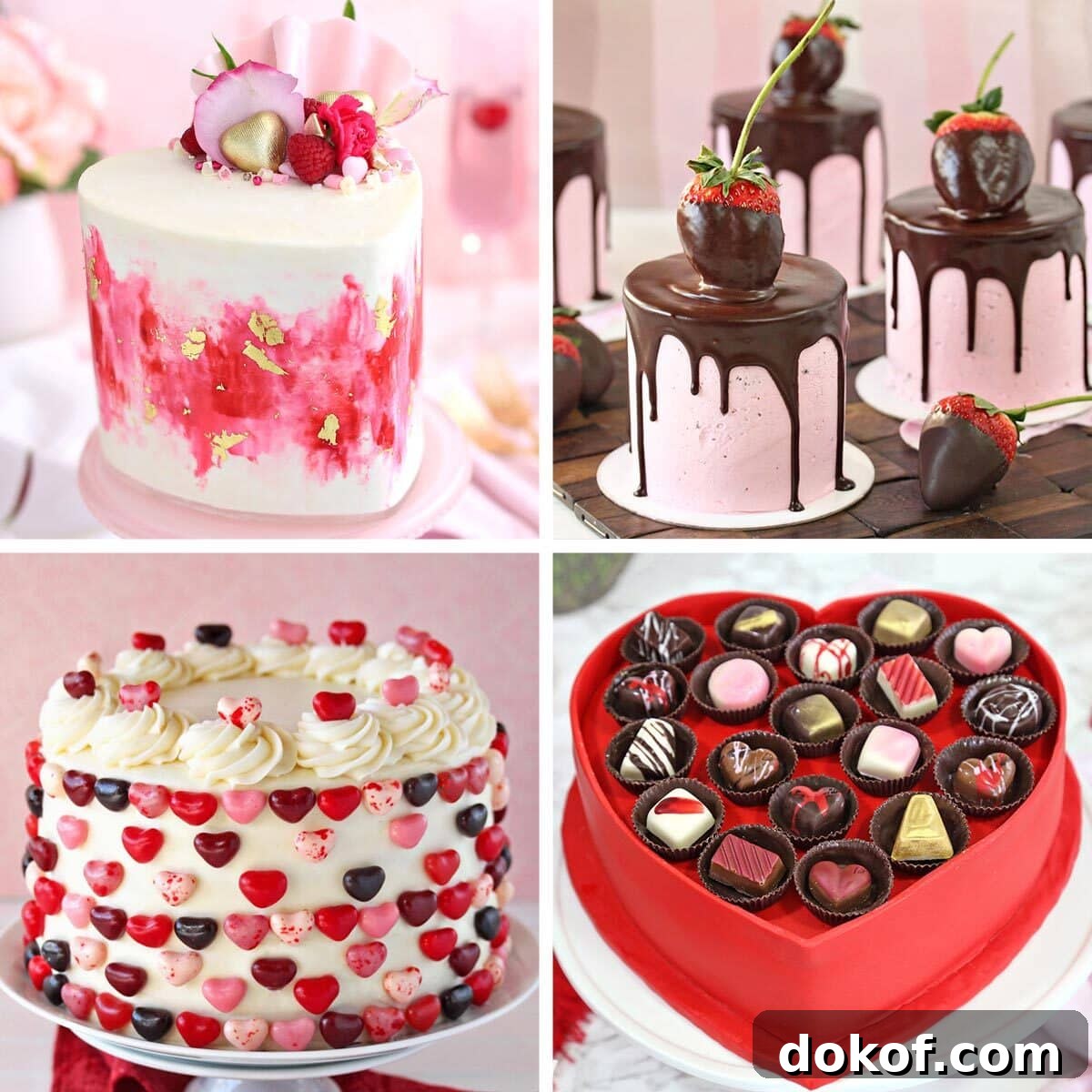 Collage of 4 different Valentine's Day cake pictures.