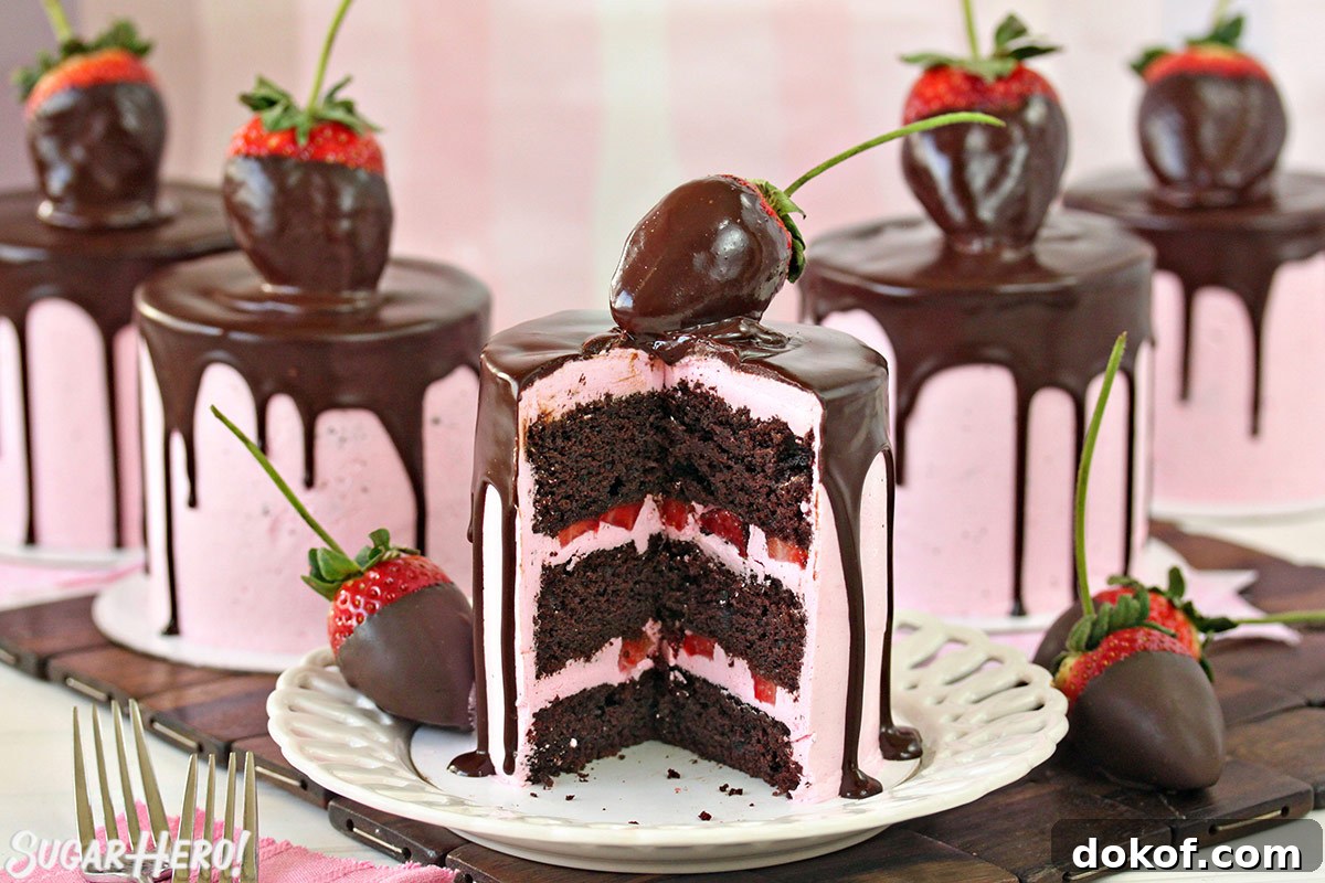 Five Chocolate-Covered Strawberry Cakes, with the front one cut open to show the cake and buttercream layers inside.