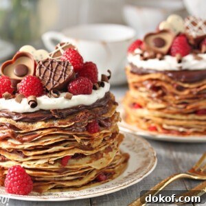 2 Chocolate Raspberry Mini Crepe Cakes on gold edged plates next to gold forks.