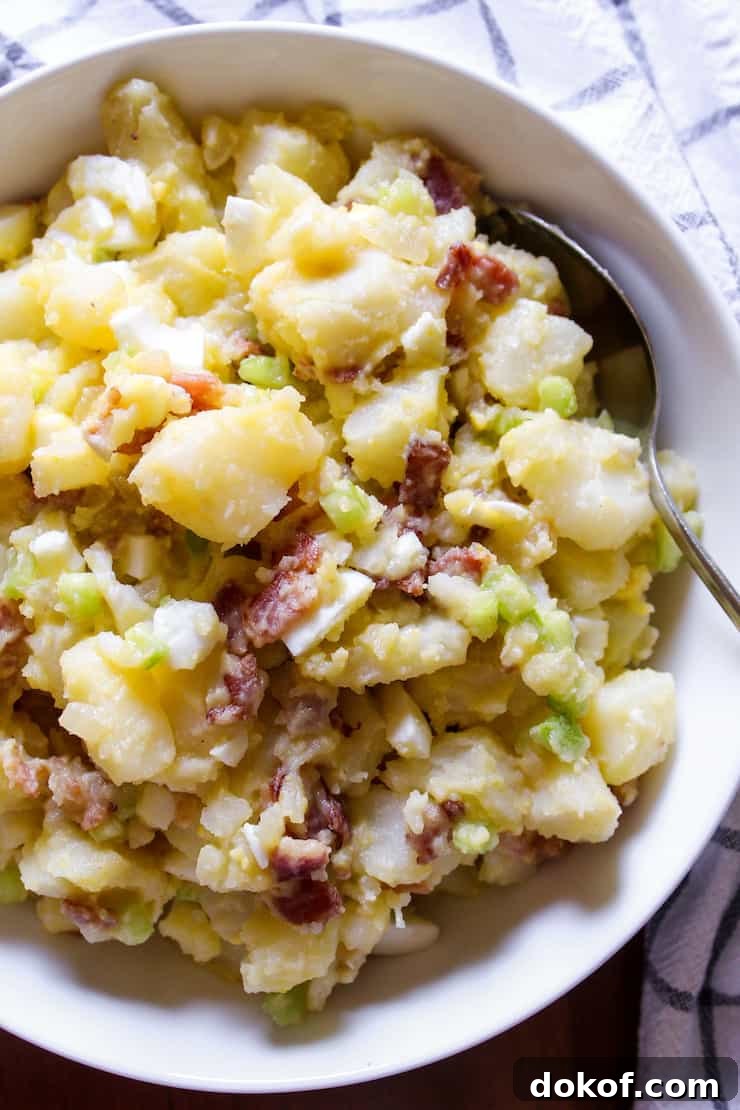 Mary’s Classic German Potato Salad Recipe 2 German potato salad in bowl with spoon.