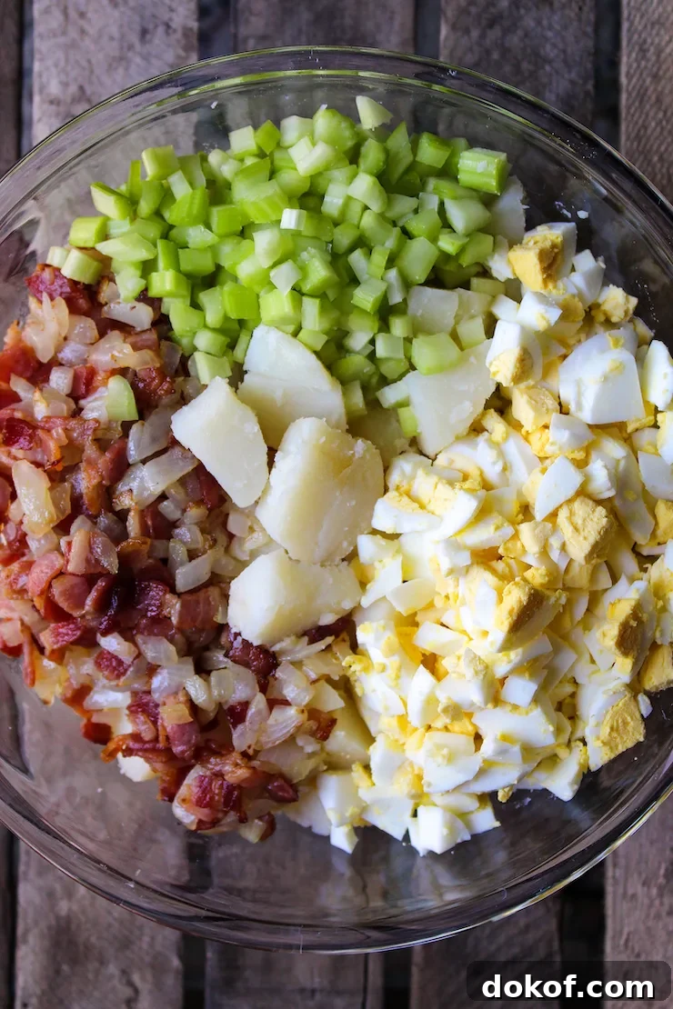 Mary’s Classic German Potato Salad Recipe 6 Ingredients in bowl before dressing.