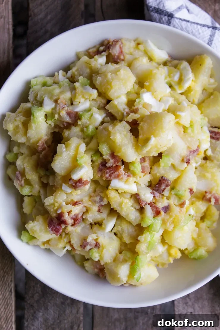 Mary’s Classic German Potato Salad Recipe 7 German potato salad in serving bowl.
