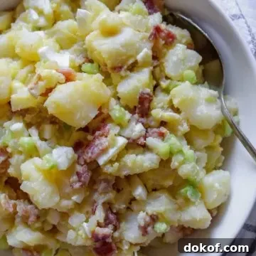 German potato sald in serving bowl.