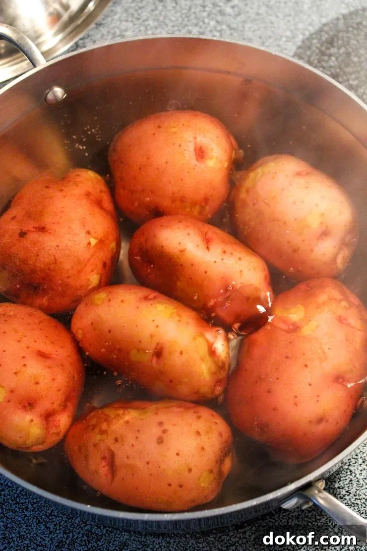 Mary’s Classic German Potato Salad Recipe 5 Red potatoes boiling in pot.