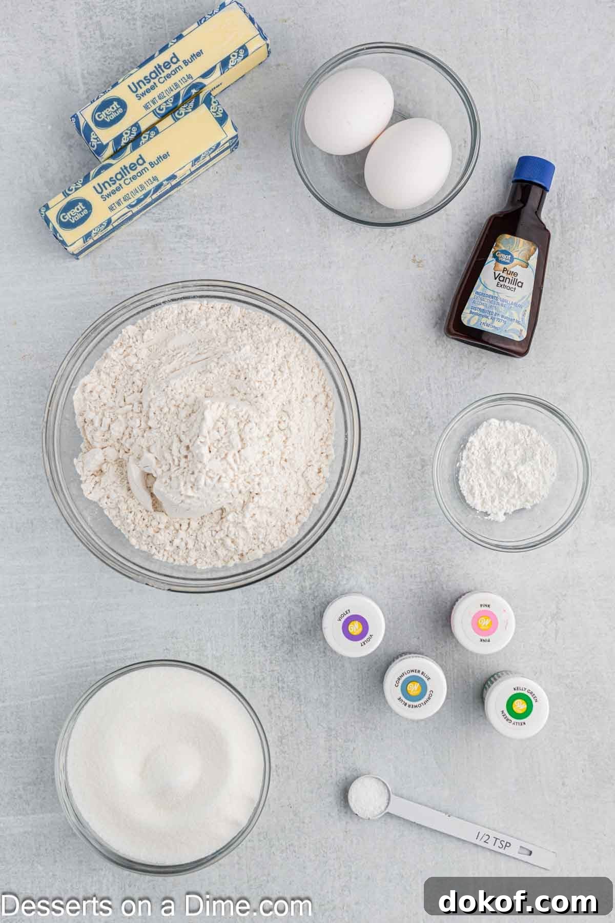 Ingredients for Unicorn sugar cookies.