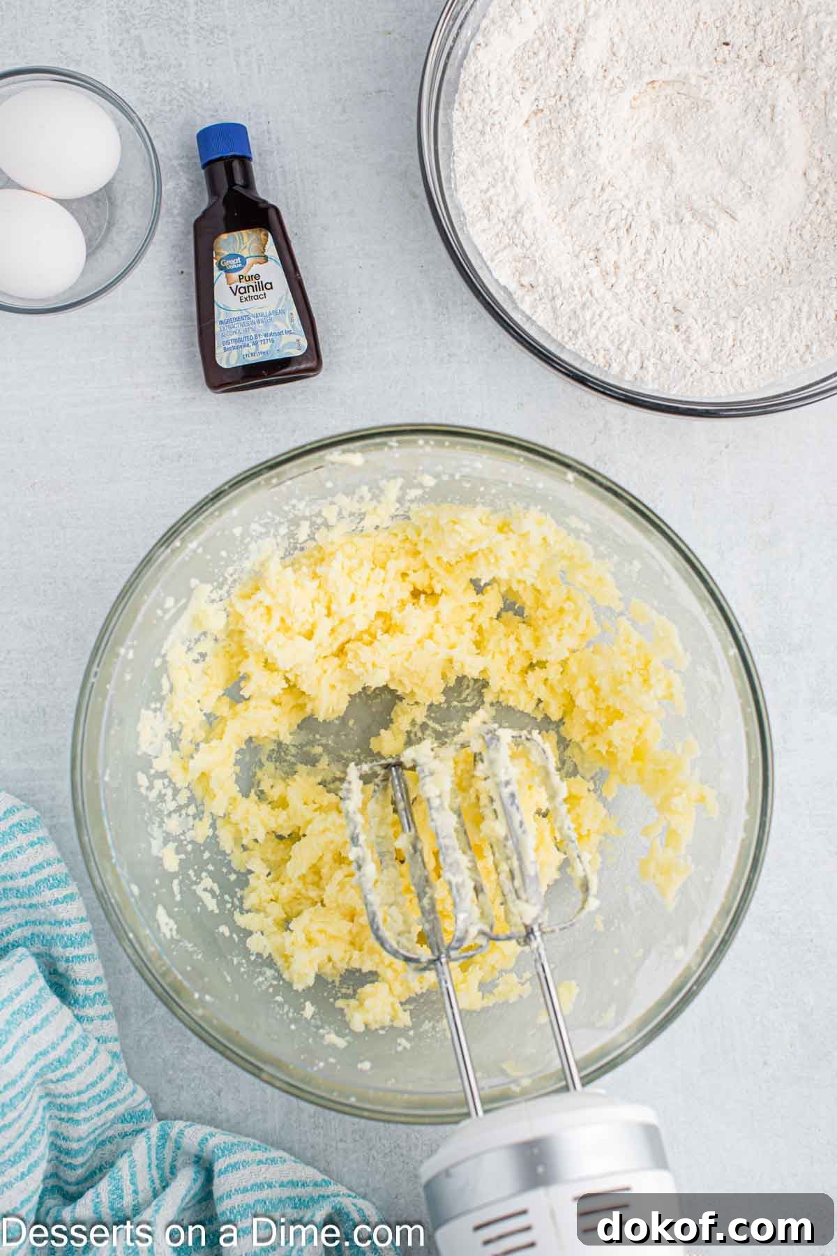 Mixing bowl with butter and sugar being creamed.