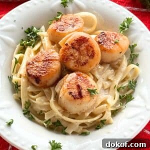 Five seared sea scallops over fettuccine alfredo garnished with parsley in a white bowl.