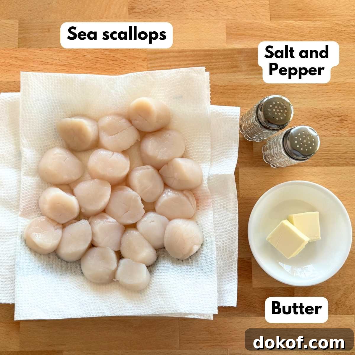 Ingredients for seared scallops: sea scallops, butter, salt and pepper.