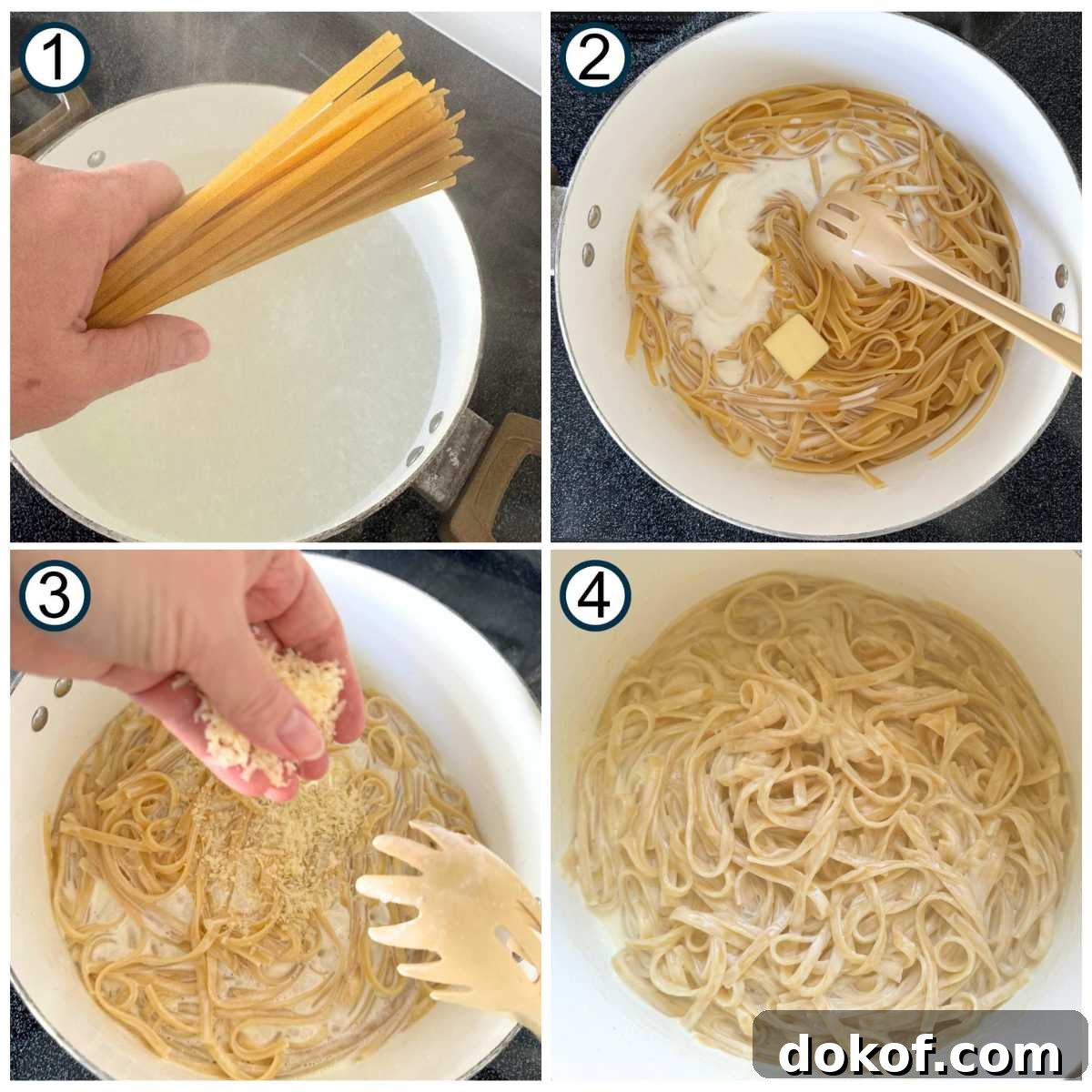 Numbered collage of steps to make fettuccine alfredo: 1) hand holding pasta for water, 2) pot with cooked noodles, cream, and butter, 3) hand sprinkling Parmesan cheese in pot, 4) creamy fettuccine alfredo in pot.