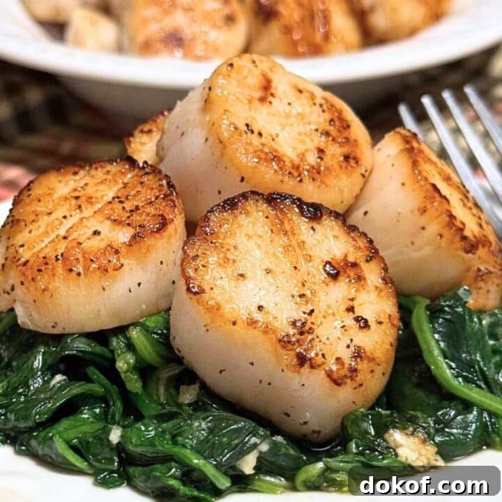 Five seared sea scallops on a bed of spinach wilted with olive oil and garlic with a bowl of more scallops behind it.
