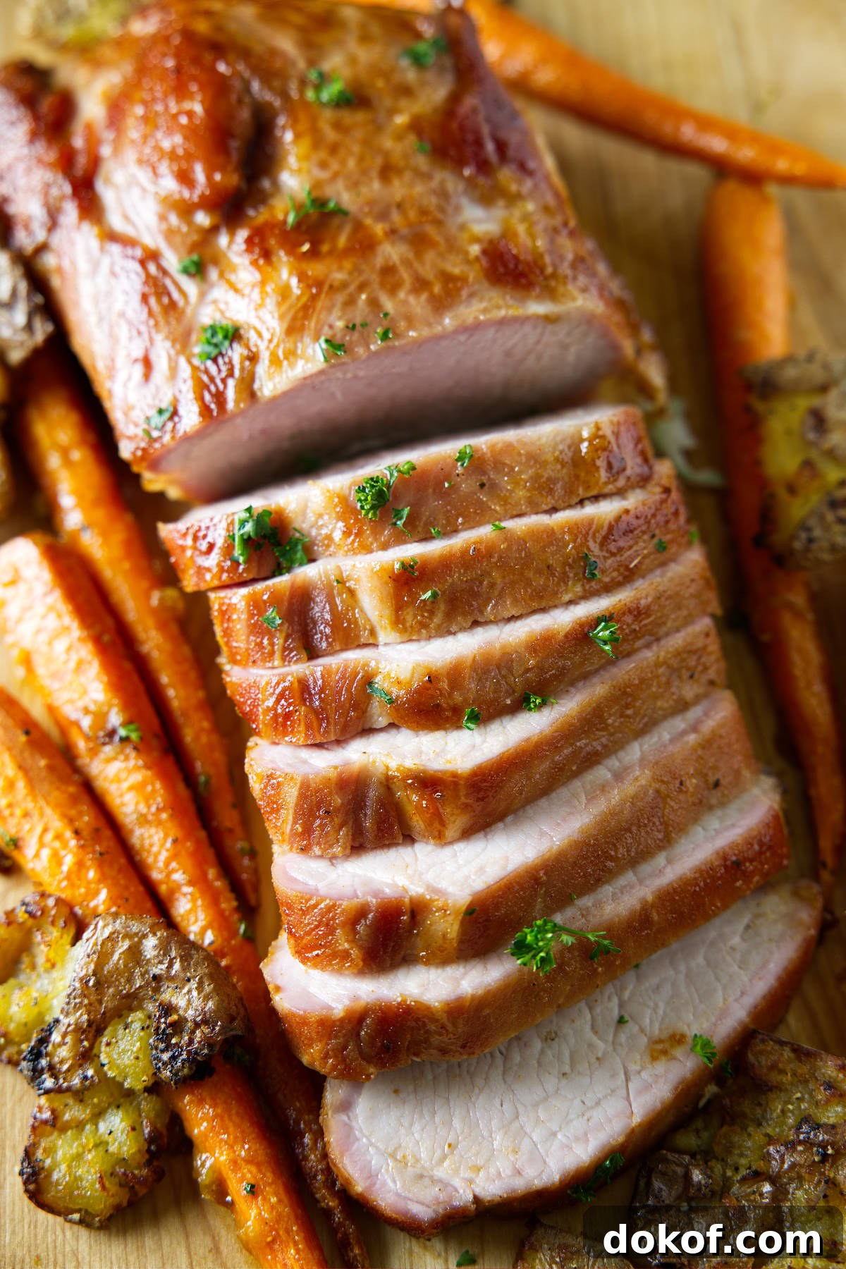 sliced whole smoked pork loin on cutting board