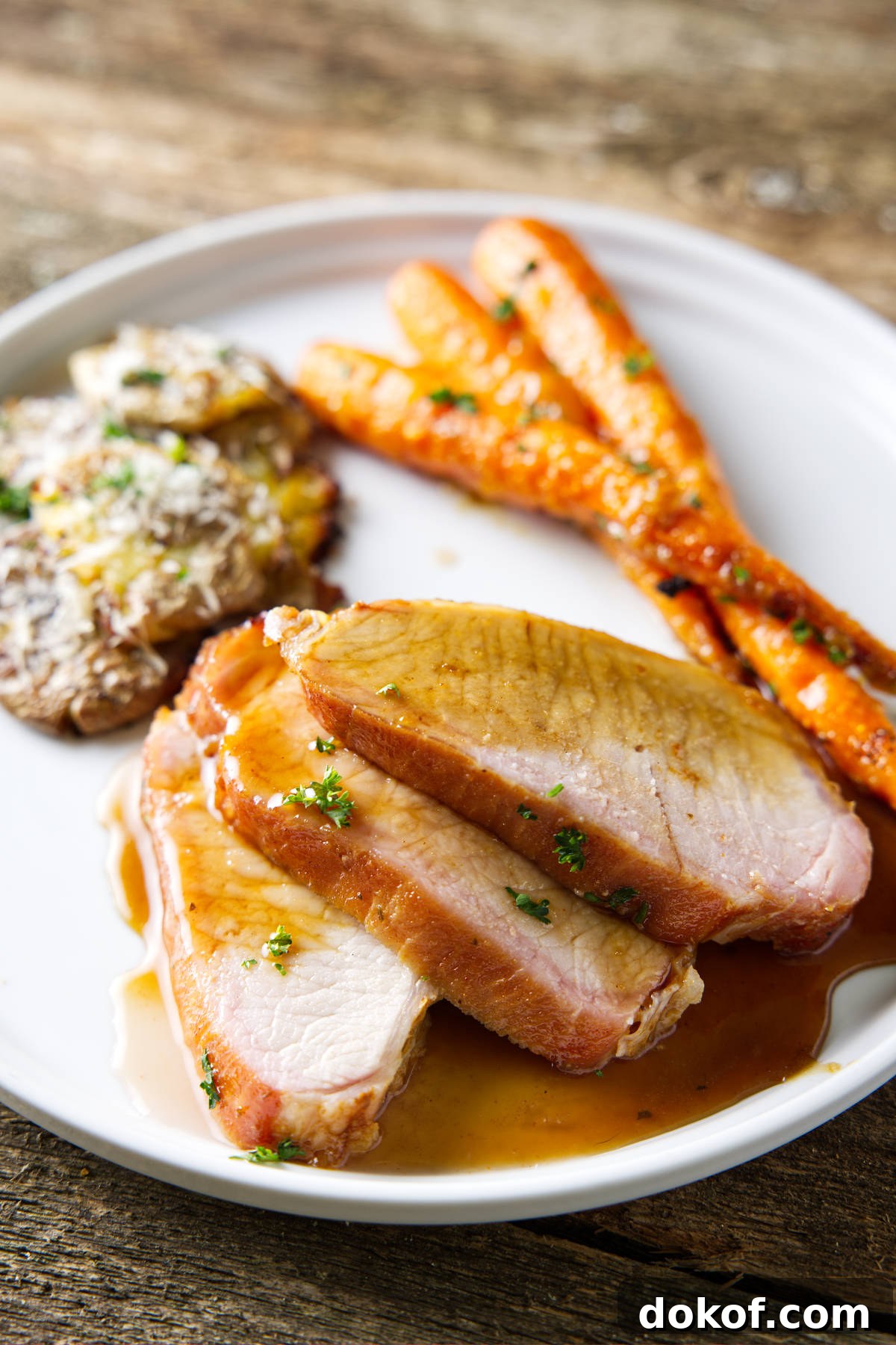 smoked pork loin sliced and plated with a glaze drizzled over top