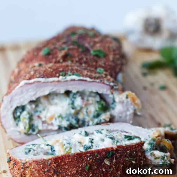 sliced stuffed pork tenderloin with cajun rub and twine holding it together