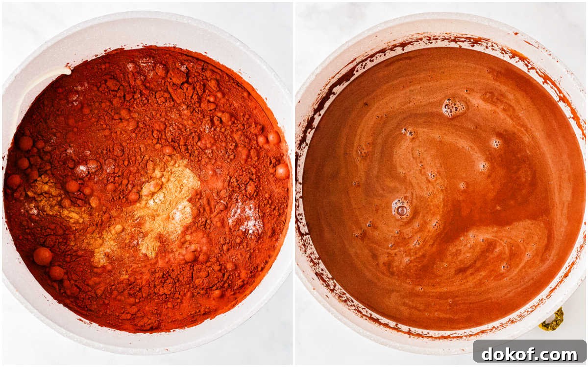 Cozy Cinnamon Hot Chocolate Recipe for Warm Winter Nights 5 Side-by-side photo collage showing the process of mixing cocoa powder and milk in a pot on the left and smooth melted hot chocolate on the right.
