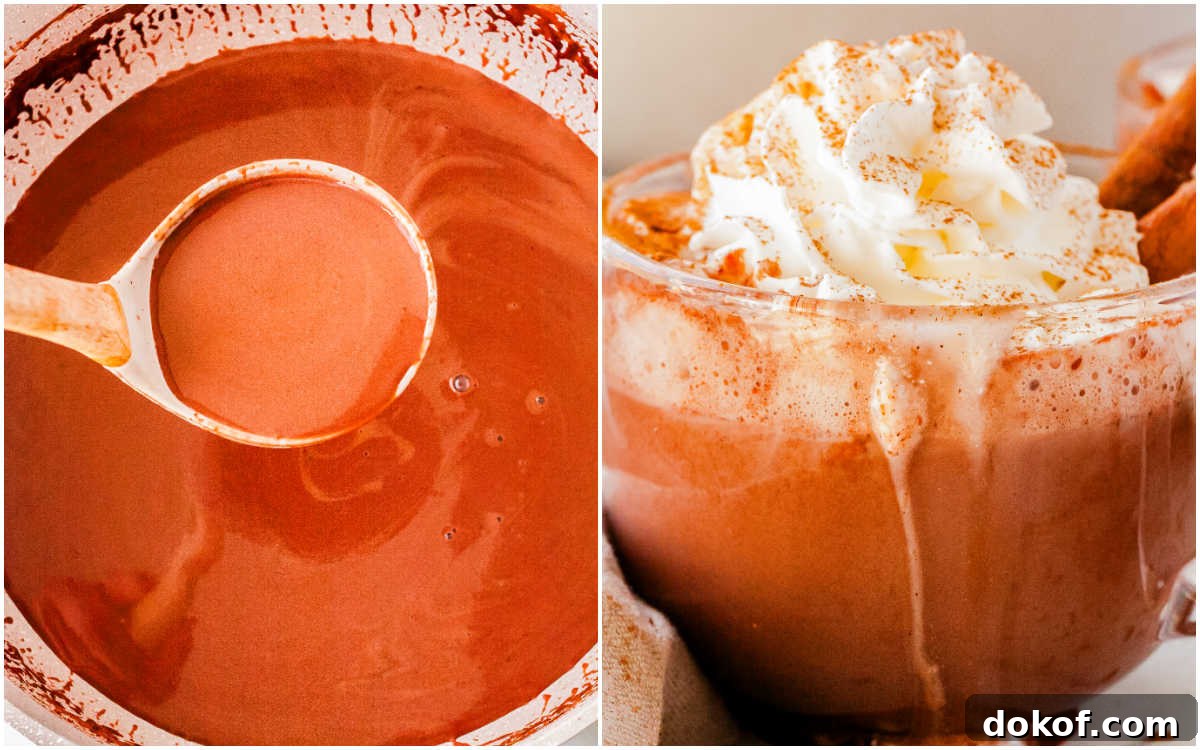 Cozy Cinnamon Hot Chocolate Recipe for Warm Winter Nights 6 Two-photo collage showing a ladle of rich hot chocolate on the left and a mug topped with whipped cream and cinnamon on the right, ready to serve.