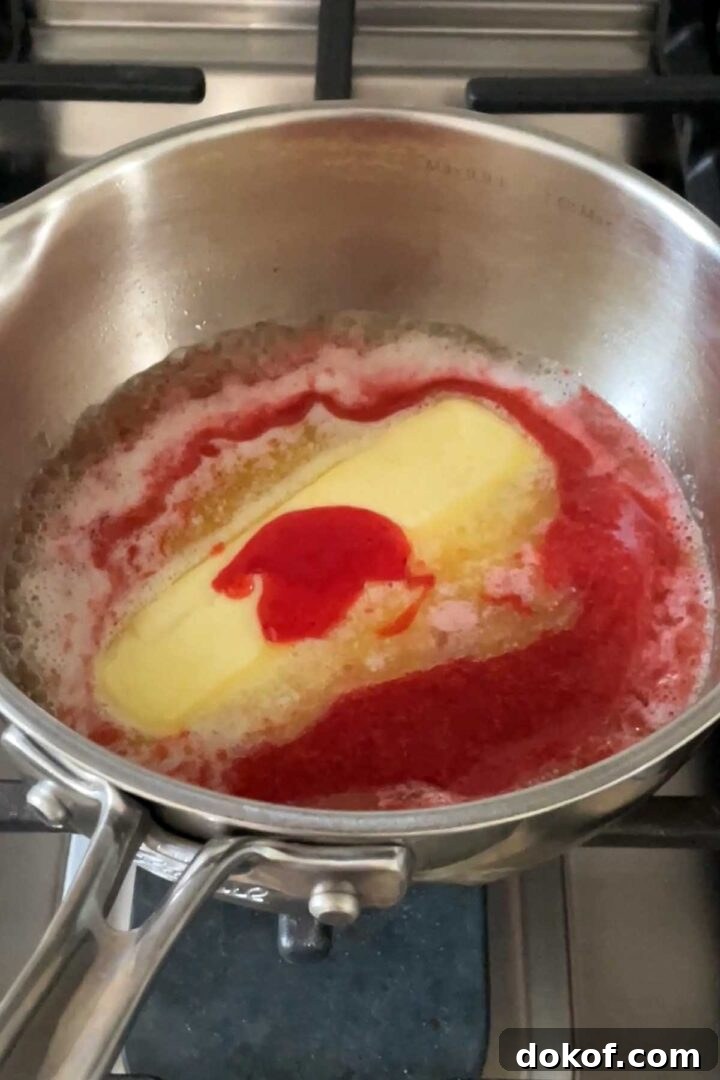 Fresh Strawberry Sheet Cake Recipe — Moist, Fruity Dessert 15 Combine butter and strawberry puree in a saucepan and bring to a simmer.