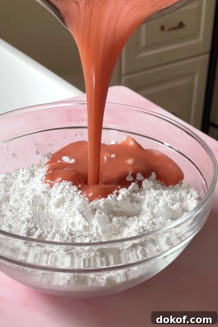 Fresh Strawberry Sheet Cake Recipe — Moist, Fruity Dessert 16 Pour butter/strawberry mixture into a bowl with powdered sugar.