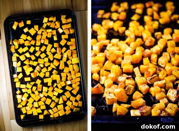 Creamy Butternut Squash Risotto — Minimal Hands, Maximum Flavor 3 Cubed butternut squash on a baking sheet, before and after roasting