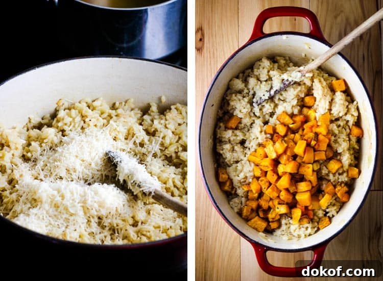 Creamy Butternut Squash Risotto — Minimal Hands, Maximum Flavor 4 Parmesan being stirred into risotto and roasted butternut squash cubes being added to a dutch oven full of risotto