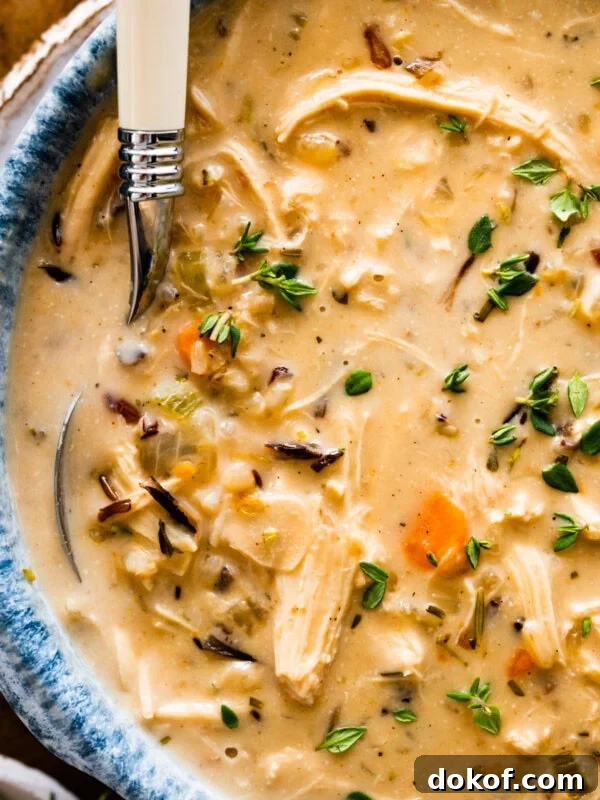 Spoon in a bowl of Creamy Chicken Wild Rice Soup.