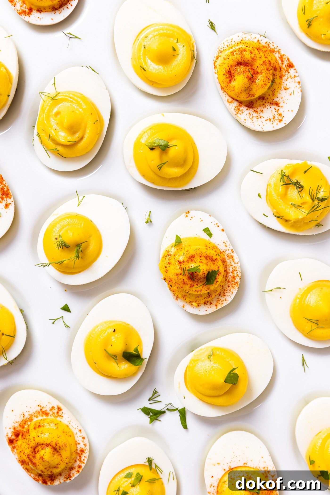 Top down view of white plate filled with halves of white eggs filled with creamy yellow filling and topped with dill and paprika