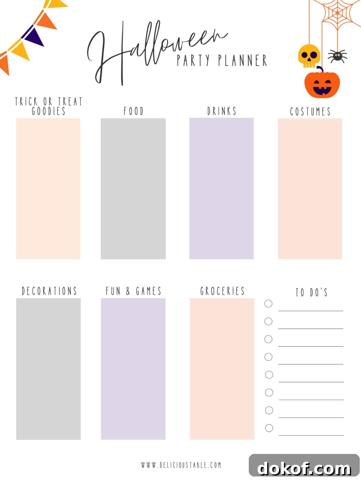 A two page Halloween planner to plan the best food and decorations for a Halloween party.