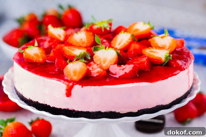 Homemade pink no-bake strawberry cheesecake with strawberry topping and an Oreo crust.