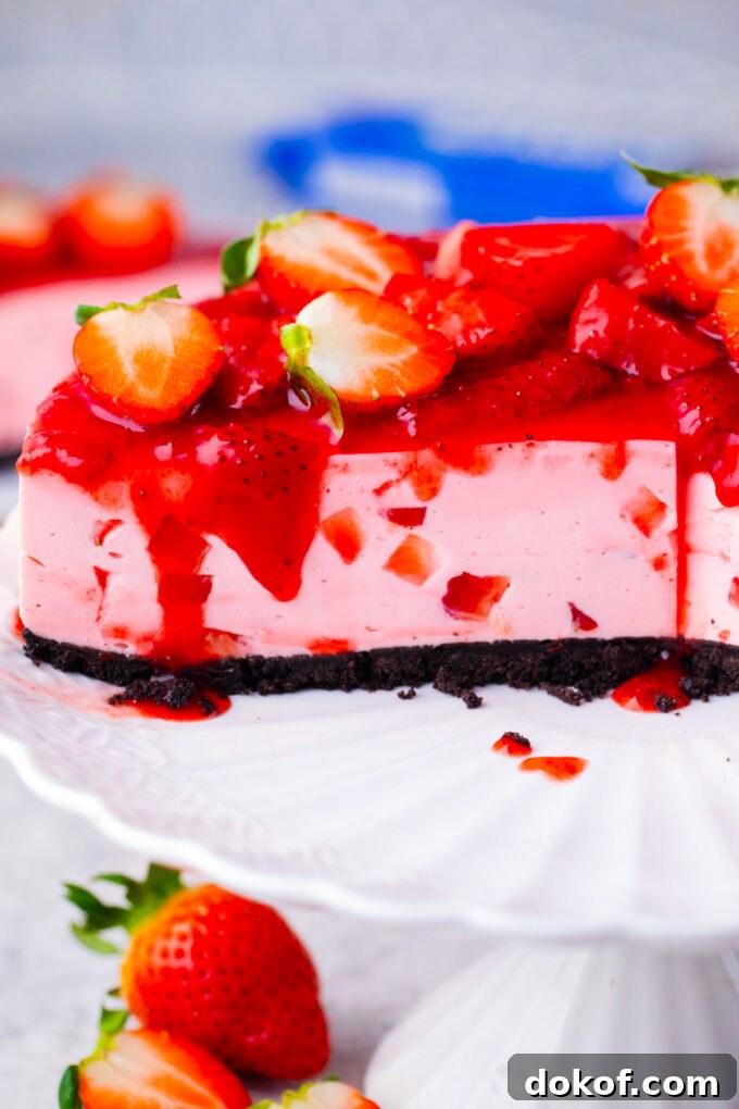 No-bake strawberry cheesecake with strawberry topping.