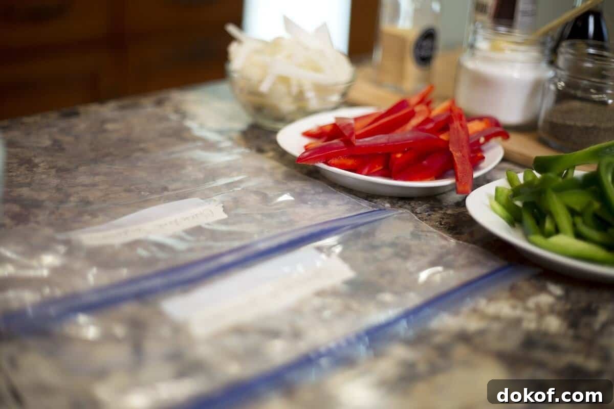 Food storage bags with onions and peppers for philly cheese steak sandwiches
