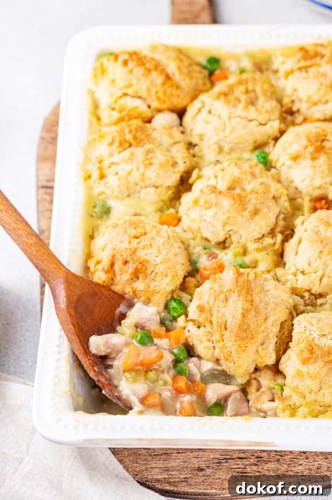 Comforting Chicken and Dumpling Casserole Recipe for Dinner 3 chicken and dumpling casserole in a table with a wooden spoon