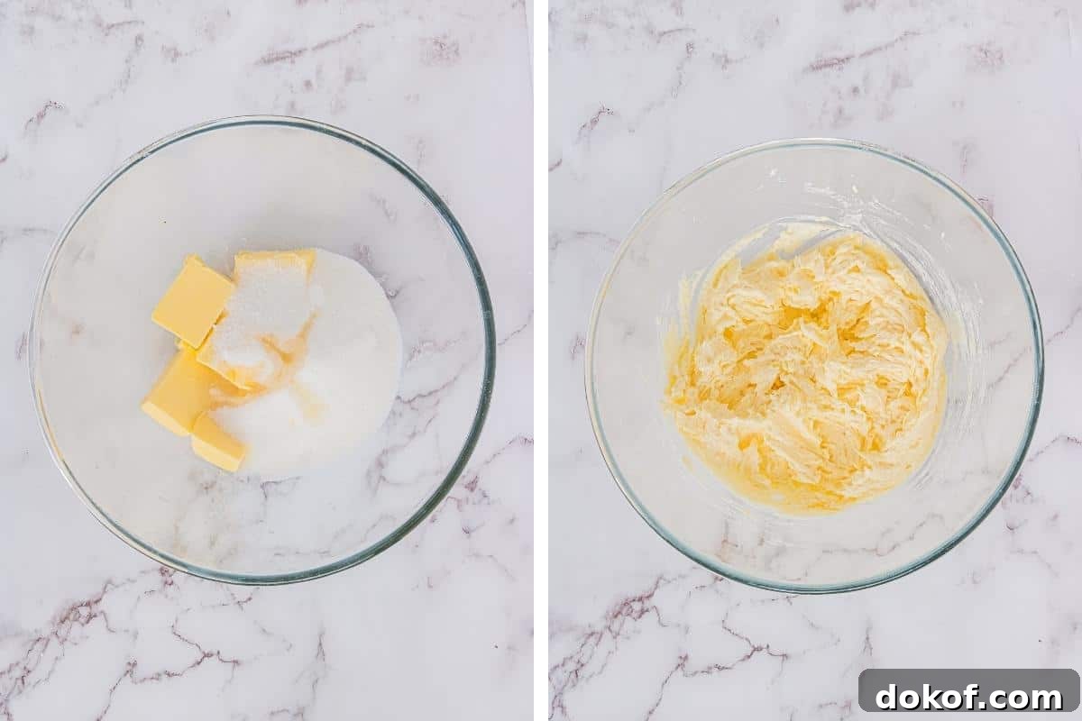 2 image collage. On left: butter and sugar in glass bowl. On right: Creamed butter and sugar