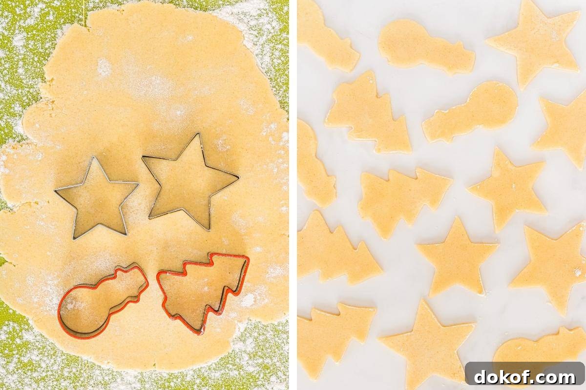 2 image collage. On left: rolled out sugar cookie dough with Christmas cookie cutters pressed into it. On right, cut cookies on parchment lined baking sheet