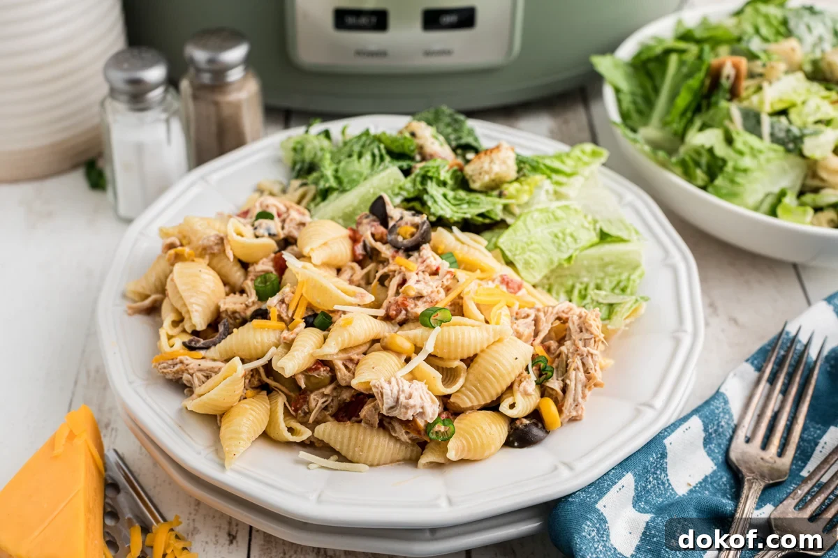 Southwestern Cheesy Chicken Pasta Bake with Roasted Corn and Peppers 8 plate of slow cooker southwestern cheesy chicken pasta in front of a crockpot.