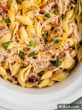 Southwestern Cheesy Chicken Pasta Bake with Roasted Corn and Peppers 9 overhead close-up of southwestern cheesy chicken pasta in a slow cooker.