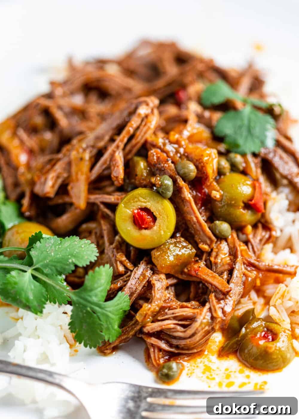 Authentic Cuban Ropa Vieja Recipe: Classic Shredded Beef Stew 6 close up of Cuban Ropa Vieja on steamed rice