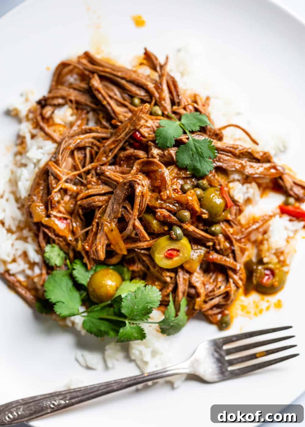 Authentic Cuban Ropa Vieja Recipe: Classic Shredded Beef Stew 8 overhead of ropa vieja on white plate with fork